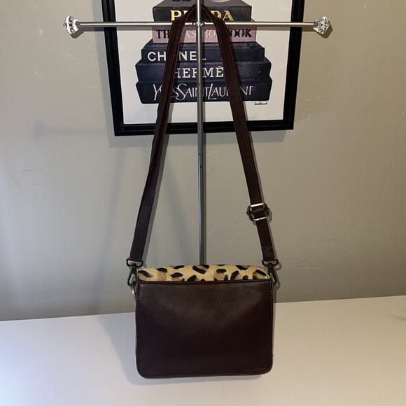 Leopard Hide and Leather Crossbody Satchel Purse - Picture 7 of 12